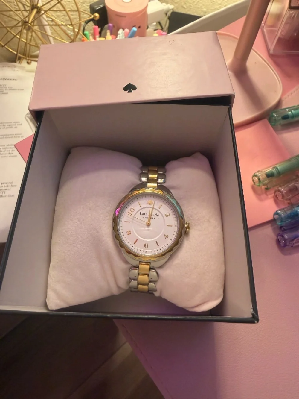 Kate Spade New York Two-Tone Gold & Silver Watch | Pink Dial | Extra Links + Box
